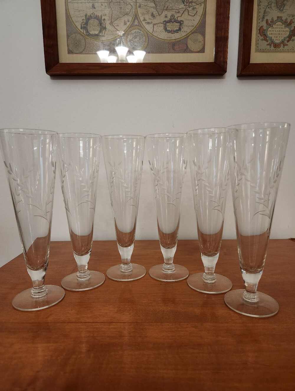 Set Of Six Etched Mid-Century Pilsners